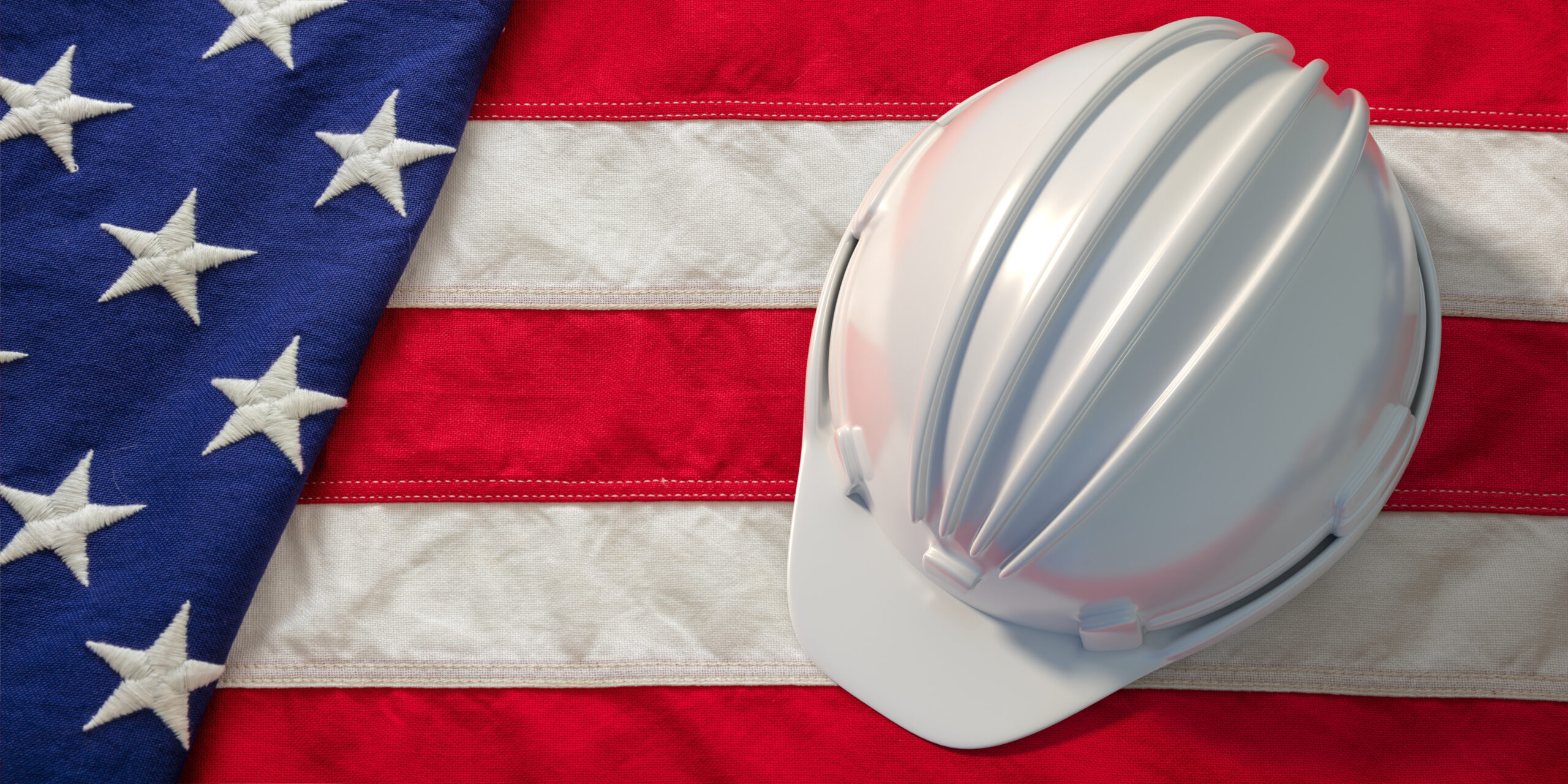 Hardhat white color on United states of America flag background. Construction industry safety in USA. 3d illustration